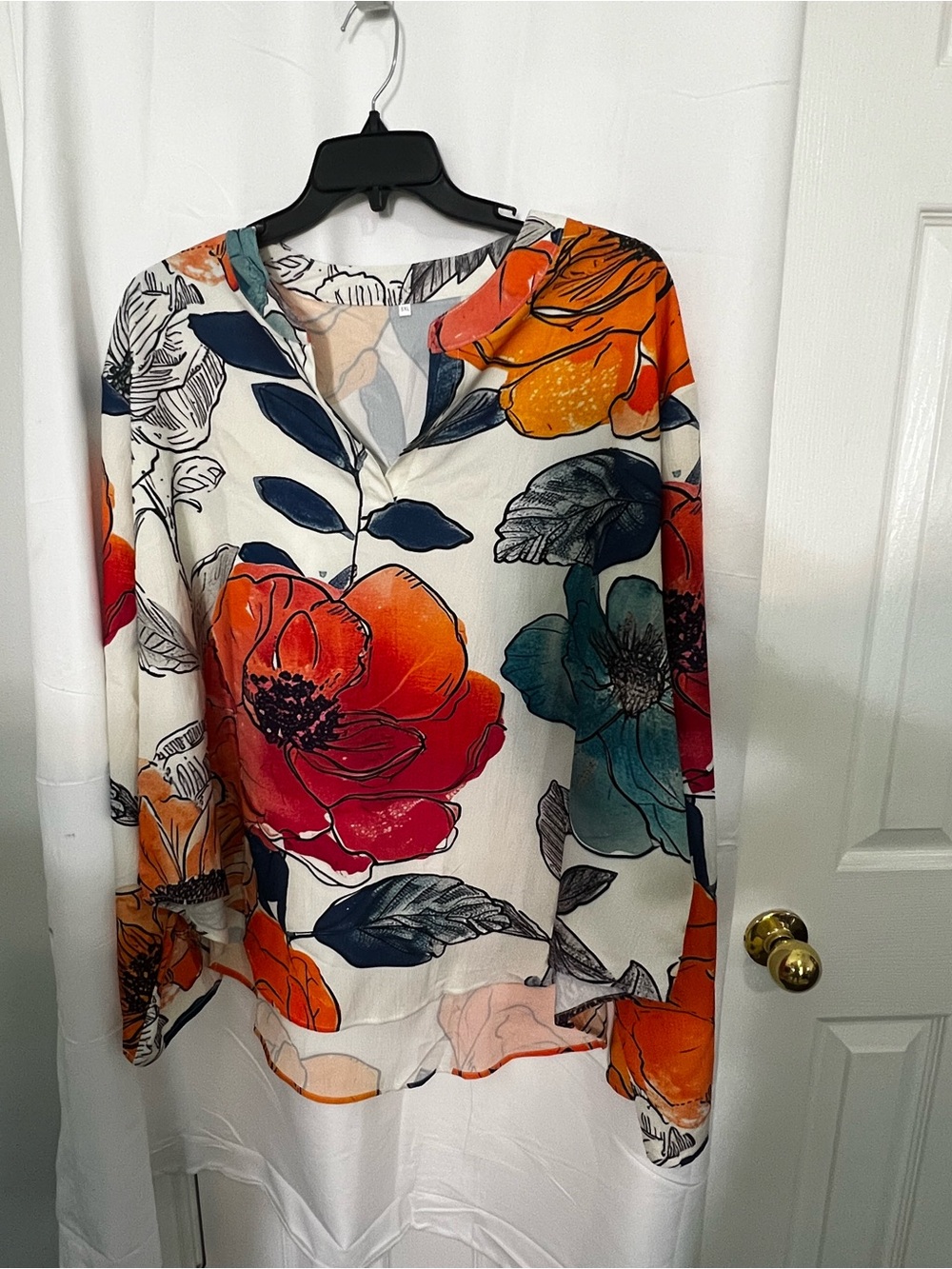 Floral V-Neck Long Sleeve Blouse - White with Orange & Teal Floral
